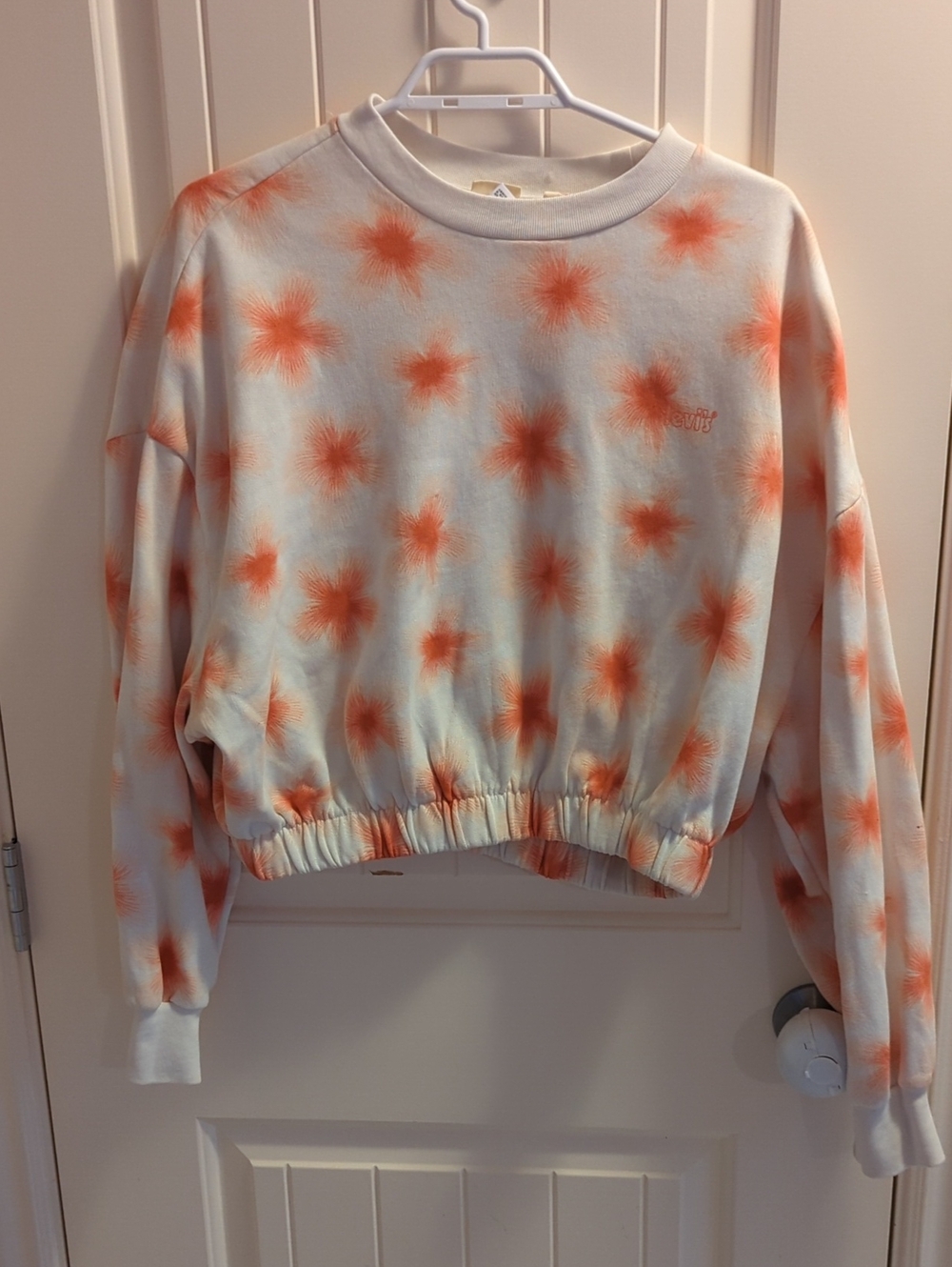 Women's Sz. L.evi's White Crop Crewneck Sweatshirt with Orange Starburst Tie-Dye